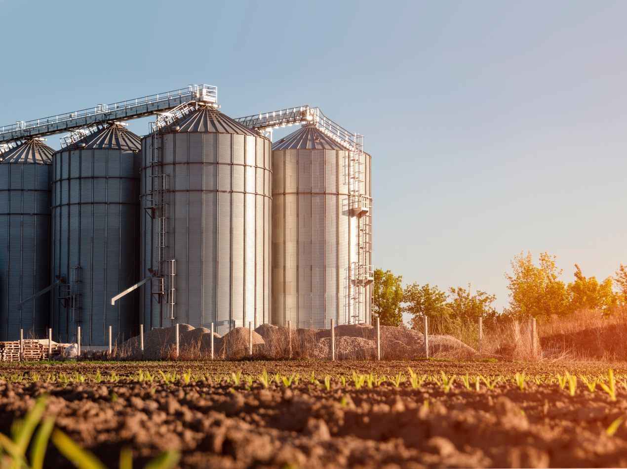 Grosse Silos auf einem Feld bei Sonnenuntergang – typische Umgebung fuer Siloschlauch-Nutzung