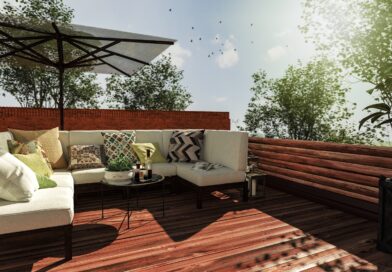 Moderne Loungegruppe auf Holzterrasse mit Schirm | Sonnensegel wasserdicht